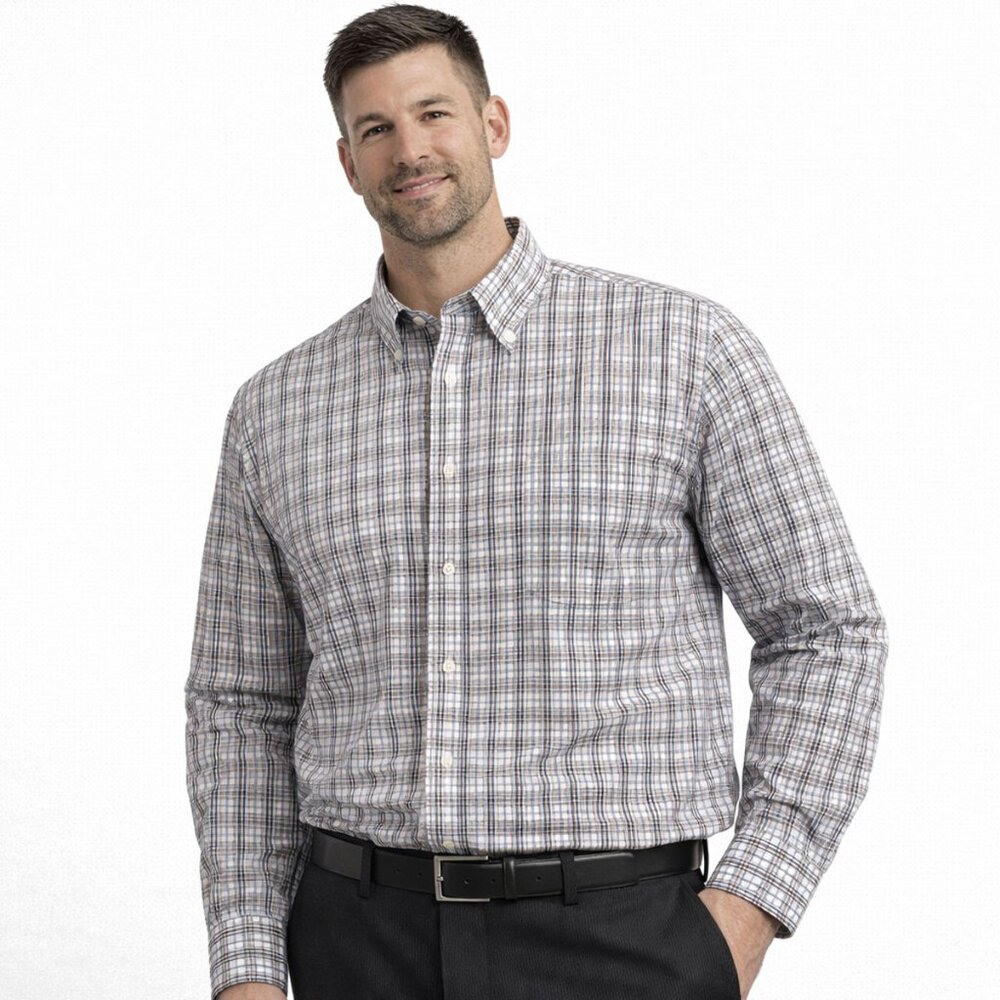 Stafford Men's Brown & Blue Plaid Travel Super Shirt – Extra Tall Size 18 36/37